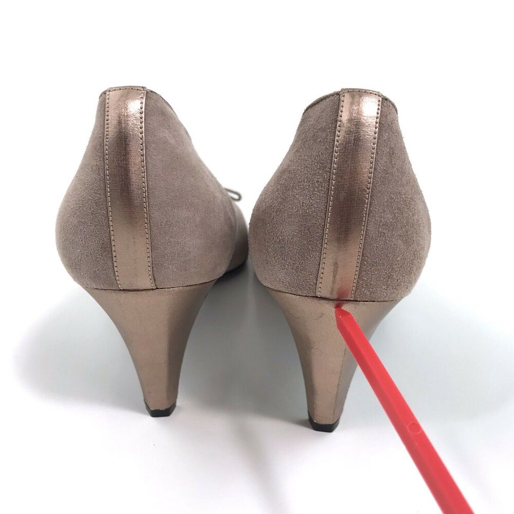 Bally Italy Suede Pumps‎ Taupe Rose Gold Slip On Heels Bow Womens Size 8N - Picture 5 of 11